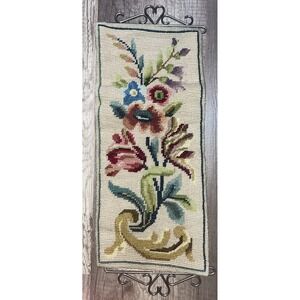 Vtg Tapestry Needlepoint Wall Hanging Floral Metal Hardware 15 in x 7 in